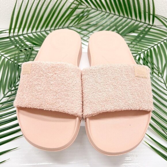 Fitflop iQUSHION Women's Towelling Slide Sandals Beige Buff Cotton Size 6 - Picture 3 of 9